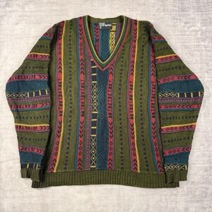 Hyde Park Sweater Mens Large Green 3D Knit Vtg 90s V Neck Grandpa Preppy